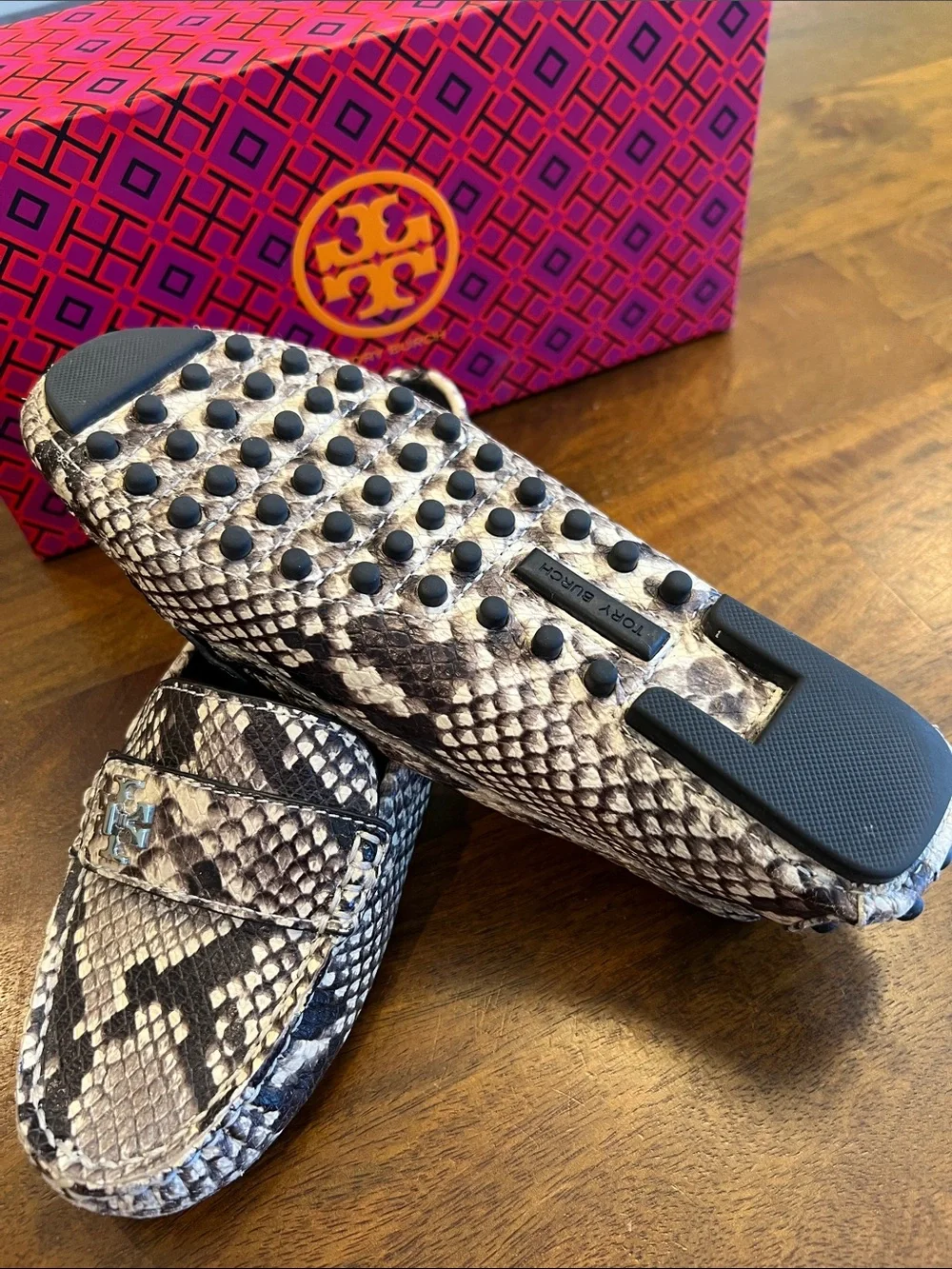 Tory Burch Snake-Embossed Penny Loafers in Black and Cream